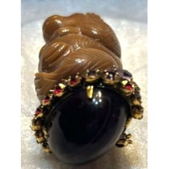 Vintage Leadwood Hear NothingMonkey Brooch With Gemstone Accents By Inadimoini - Picture 3 of 10